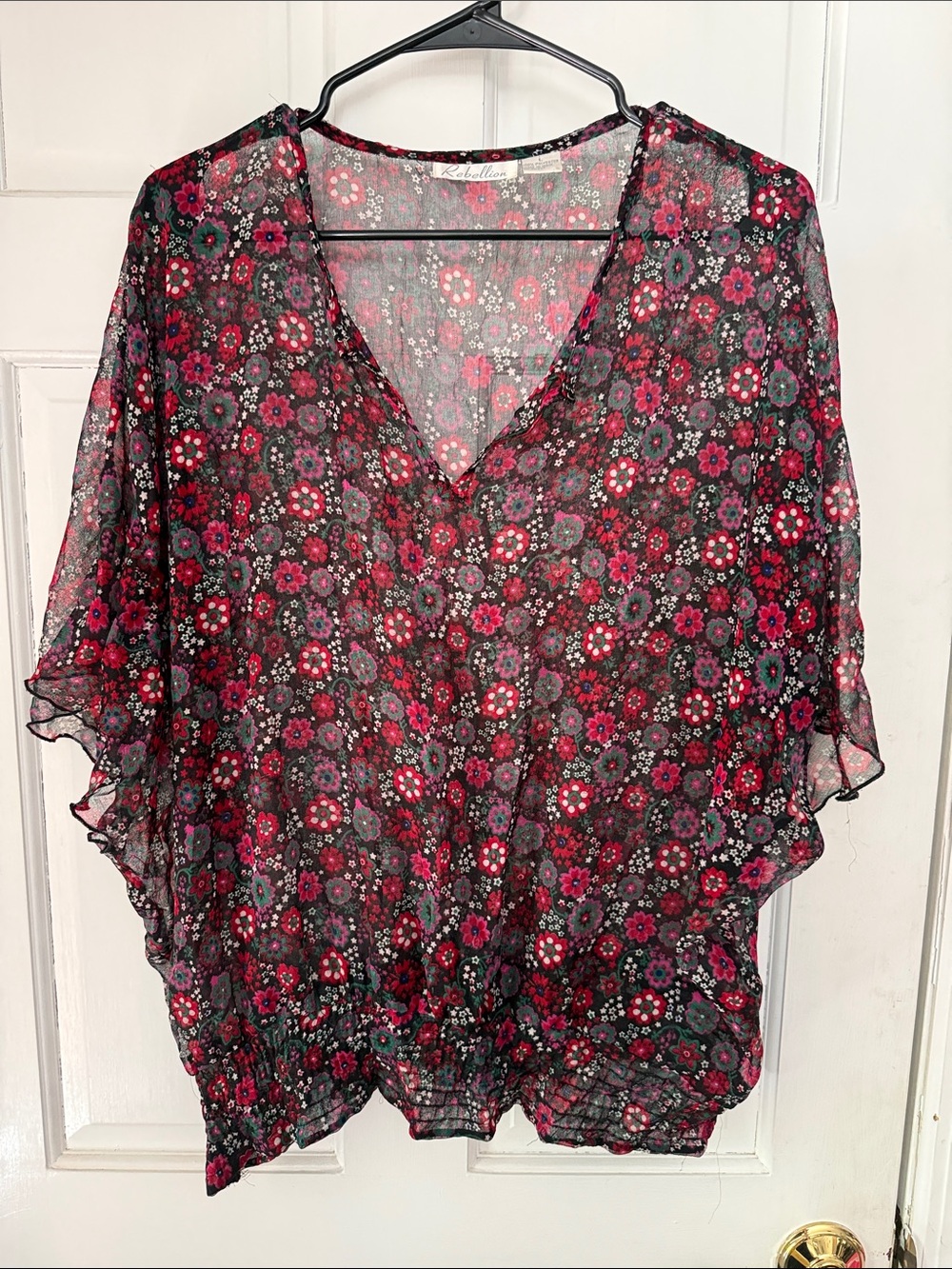 Rebellion Black & Pink Floral Sheer V-Neck Blouse